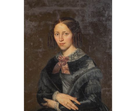 LOUSTAU, JACQUES J. LEOPOLD (1815-1894) "Portrait einer Dame im schwarzen Kleid mit weißer Spitze" Öl auf Leinwand, sig., HxB
