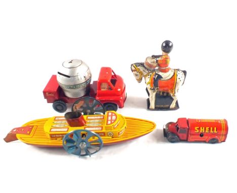 A Wills Brimtoy No.70 tin plate clockwork paddle boat, No.66 drummer boy, Shell BP petrol tanker and a Liquid Oxygen money bo
