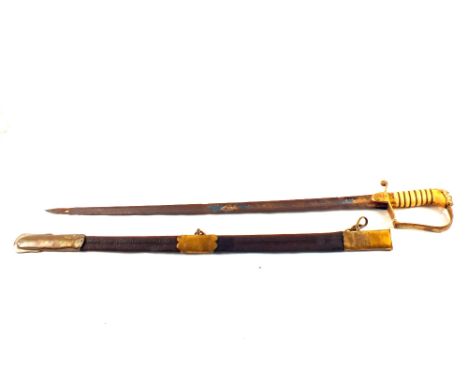 A Georgian Naval Officers sword by Salter, blade showing some gilding, with its scabbard (as found)