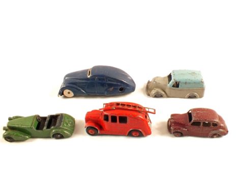 Dinky 38D Alvis Sports Tourer green body and black seats, Austin 152 Devon maroon, 25H Streamlined Fire Engine plus two other