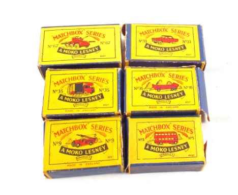 Six Matchbox Lesney 1-75 Series, 67a Saladin armoured car, 35a E.R.F. Marshall horse box with metal wheels, 33a Ford Zodiac s