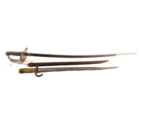 An Edwardian Infantry Officers sword (no scabbard) with a Brass hilted sabre bayonet with scabbard