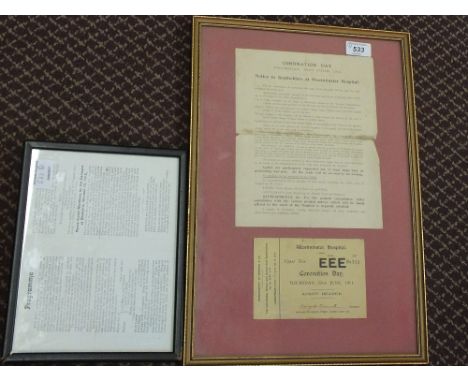 A framed 1911 Coronation ticket and note, Edith Cavell Memorial Service programme plus a 19th Century vellum Will