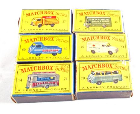 Six Matchbox Lesney 1-75 Series, 14c Bedford Lomas ambulance, 37a Karrier Bantam 2 ton lorry in orange, 46b Guy removals van,