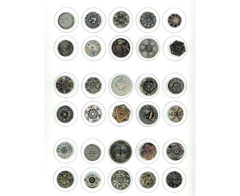 30 M/L 19th century black glass mostly silver luster buttons.This lot is a great selection of silver luster finished black gl