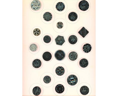 24 M/L 19th century black glass lacy glass buttons.This lot of mostly all black buttons include many lacy glass patterns alon