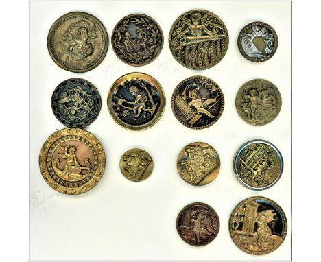 18 M/L 19th century picture buttons specialized to cupids.These cupid and cherub buttons include wood backgrounds, original t
