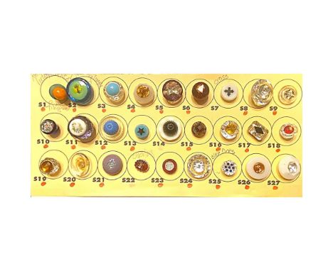27 Small 19th/20th century glass in glass buttons.This card of colorful glass from the collection of Nikki Deal includes seve