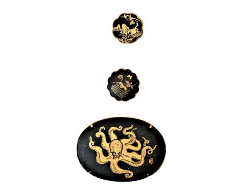 3 M/L 20th century pictorial Damascene buttons.Here we have a fabulous Octopus done in Damascene by the studio artist, Mario 