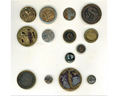 34 S/M/L 19th century pictures buttons of buildings and scenes.This lot includes one of the nicest "Charter Oak" buttons we h