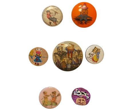 7 M/L 20th century children and children story buttons.Here is a cute card of assorted material buttons. The lot includes a w