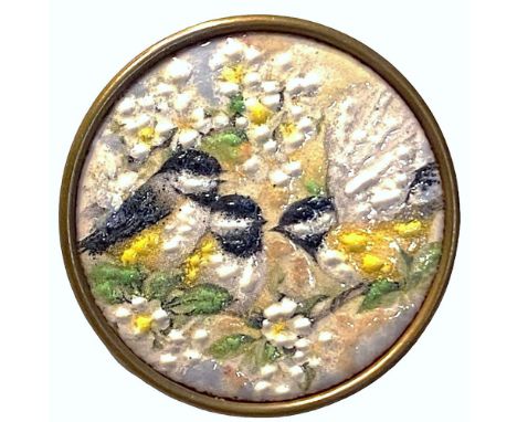 1 Large early 20th century enamel set in metal button.This gorgeous plaquette enamel from the collection of Nikki Deal has a 