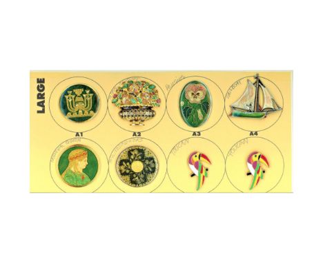 8 Large 20th century pictorial cold plastic enamel buttons.Here is a nice selection of CPE buttons from the collection of Nik