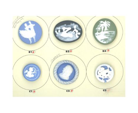 6 M/L 20th C. assorted color and subject Jasperware buttons.This lot of buttons from the artist studio of the late Stella Rza