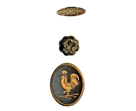3 M/L 20th century pictorial Damascene buttons.Here we have a nicely detailed rooster done in Damascene by the studio artist,