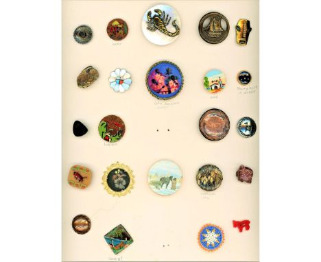 23 S/M/L 19th/2oth C. assorted material buttons including pearl.This card includes animals, objects, patterns, people, and mo