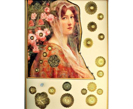 25 S/M/L 19th century assorted pattern filigree buttons.The late Alice Mucha spent many a year compiling this beautiful card 