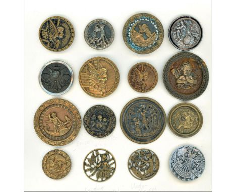 16 S/M/L 19th century cupids/cherubs/and gnome buttons.Here is a card of these whimsical figures all in metal except for the 