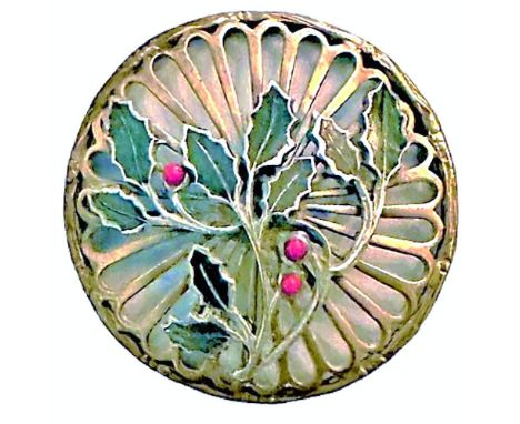 1 Large 19th century pierced enamel holly berries buttons.This beautiful pierced brass base has an enamel plaquette applied t