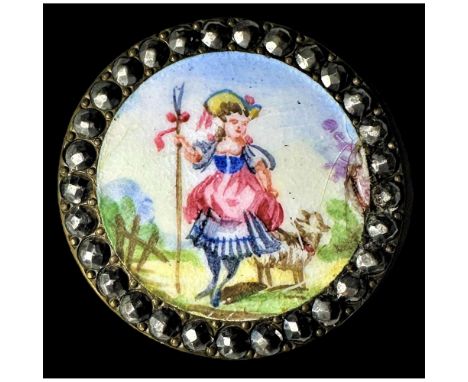 1 Large 19th century enamel button of "Little Bo Peep".This detailed and colorful cut steel bordered enamel button of the nur