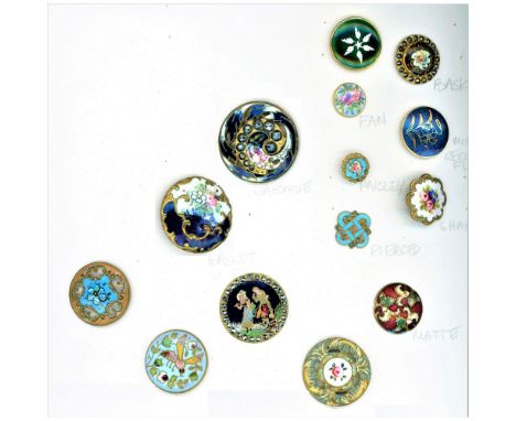 14 S/M/L 19th century assorted technique enamel buttons.This card includes a nice Champlevï¿½ dark background of a couple wit