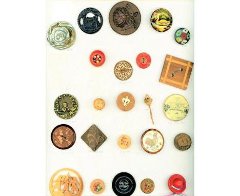 51 S/M/L 19th/20th century assorted wood buttons.This lot includes Burwood, Bone in wood, Gutta Percha on wood, laser cut, wo