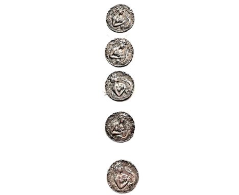 5 Medium 19th century hallmarked silver pictorial buttons.This set of 5 buttons depict an Art Nouveau women playing a hand he