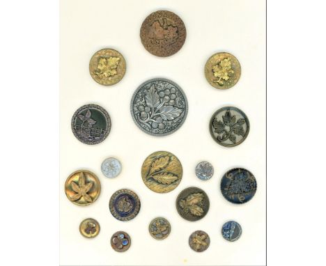52 S/M/L 19th century metal buttons including grapes.These cards include brass and pewter as well as painted brass. The lot d