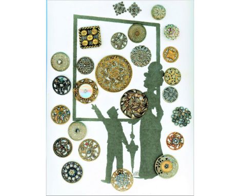 26 M/L 19th century buttons specialized to pierced.These pierced openwork, mostly brass buttons, are finely detailed and beau