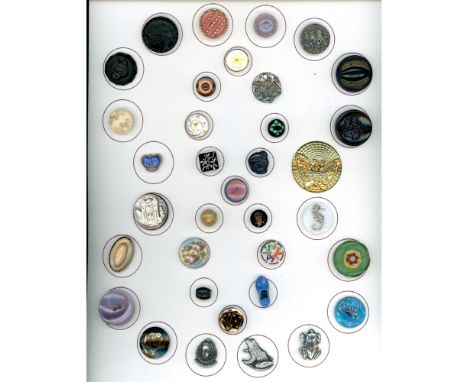 35 S/M/L 19th/20th century assorted subject matter buttons.This card is a large mixture of materials and subjects, including 