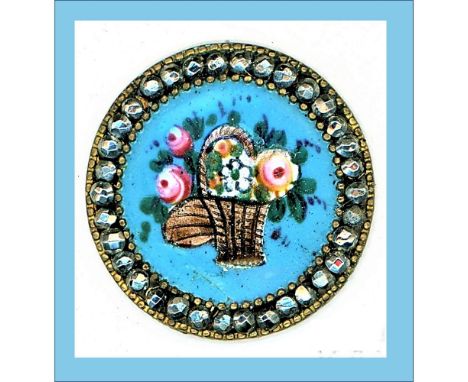1 Medium size 19th C. cut steel bordered enamel basket button.Here is a beautiful blue background Emaux Peints (hand painted)