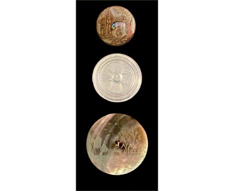 3 M/L 19th century pearl buttons including an 18th century.In this lot is a brown shaded carved scene, a brown shaded engrave