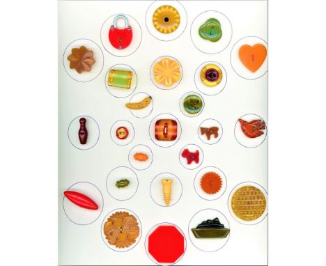 25 S/M/L 20th century Bakelite buttons including realistic.This card includes a banana, a boat, a really cool lock, animals, 