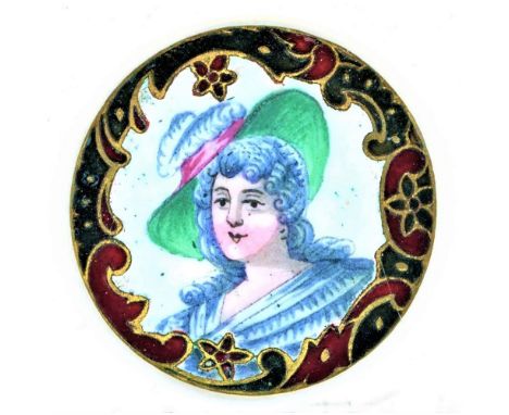 1 Medium size 19th C matte finished enamel head button.Here is a detailed and lovely polychrome enamel head with a Champleve 