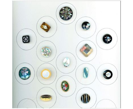 15 S/M 19th/20th century inlay buttons including mosaic.This card includes several pearl examples along with horn inlay with 