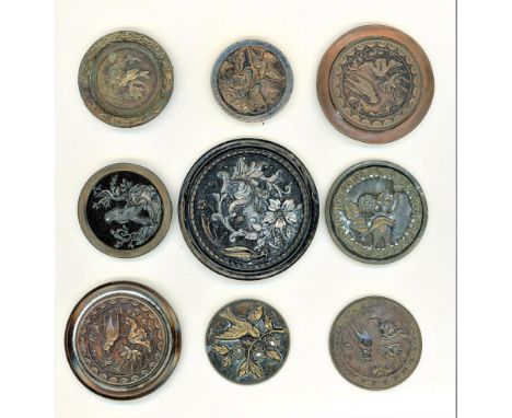38 S/M/L 19th century metal buttons including fables.These cards include "The Fox and the Grapes", "The Fox and the Stork", m