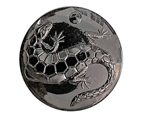 1 Large early 20th century relief design lizard in black glass.Here is a very cool and unusual large black glass pictorial bu