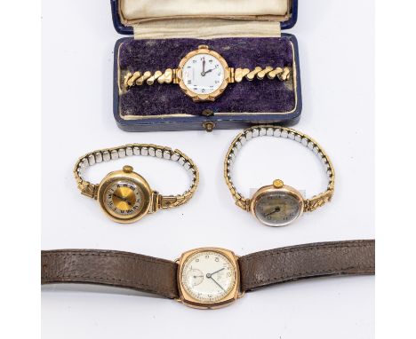 A collection of vintage 9ct gold wristwatches comprising three early 20th century wristwatches, including a Dominant watch wi