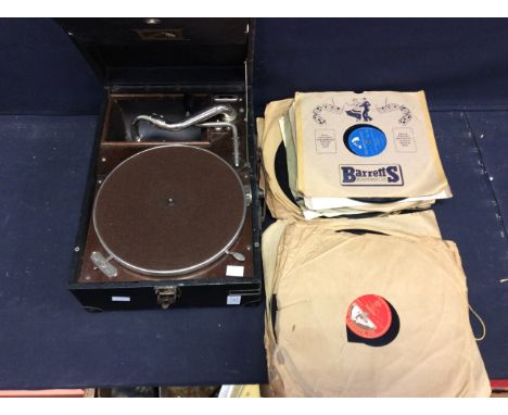 His Master's Voice: a vintage gramophone, together with a collection of LPs, including Decca, His Master's Voice and Columbia