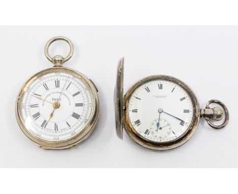 A silver cased half hunter pocket watch, comprising a white enamel dial, numeral indices, subsidiary dial at 6m case approx 5