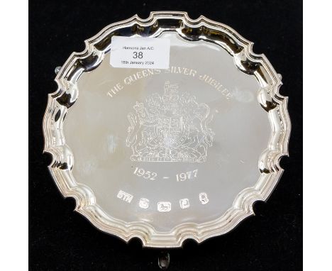 An Elizabeth II Silver Jubilee limited edition 34/100 commemorative salver, engraved with the Royal Arms and dated 1952-1977,