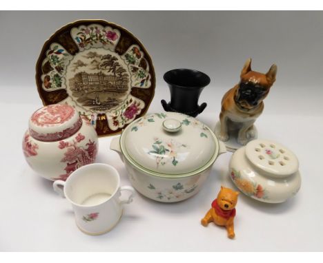 A collection of mixed china wares i.e. plates, pots, ginger jars and taureens including Spode , some items with wear and dama