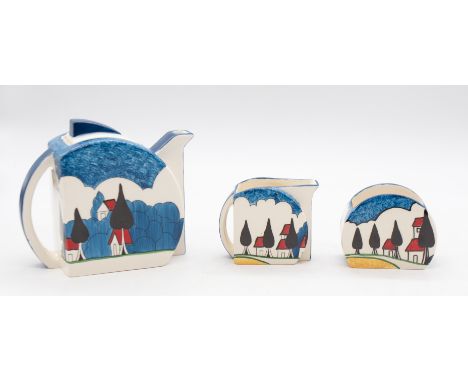  Wedgwood - A modern boxed "Bizarre by Clarice Cliff" three piece tea set, based upon an original hand painted Clarice Cliff 