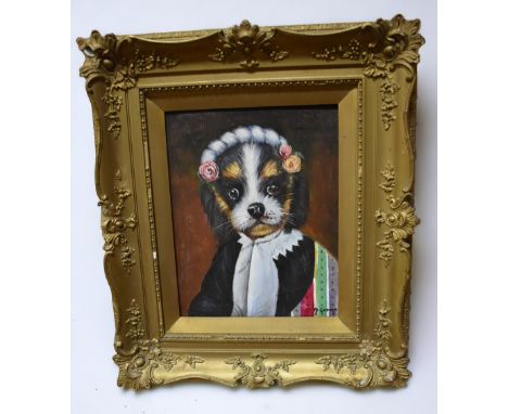 A contemporary oil on canvas framed portrait of a dog in dress, signed bottom right.