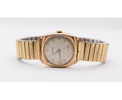 A vintage 9ct gold Certina gent's wristwatch, comprising a cushion shaped case with round silvered dial, applied gilt Arabic 