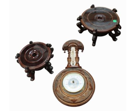 A late 19th Century wall barometer along with two chinese stands.