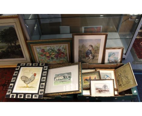 A quantity of mixed 20th century prints, floral watercolours and 19th century colour prints to include; limited edition Simon