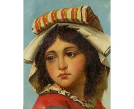 Continental School (19th Century) in the manner of Adriano Bonifazi Portrait of a girl looking right, red dress with striped 