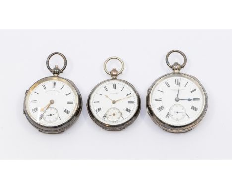 A collection of three early 20th century silver cased open faced pocket watches, all comprising  white signed dials, numeral 