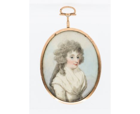 English School (18th Century) in the style of John Downman ARA (1750-1824)  Portrait miniature of Lady Meredith, powdered hai